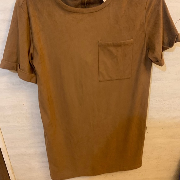 Michael Kors CAMEL FAUX SUEDE SHIFT DRESS Short Sleeve Cuff Pocket - Picture 1 of 5